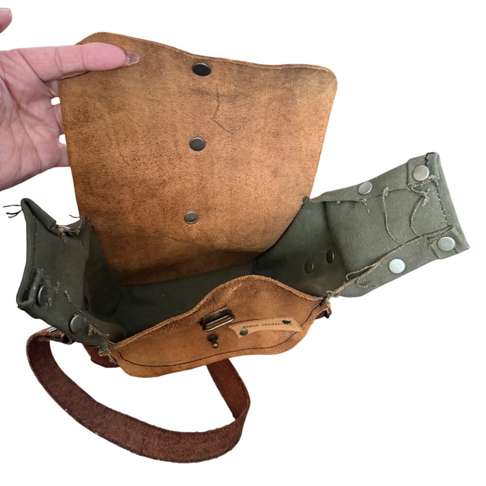 Rogue Journeymen Brown Suede & Green Canvas Crossbody Bag With Adjustable Strap - Picture 8 of 10